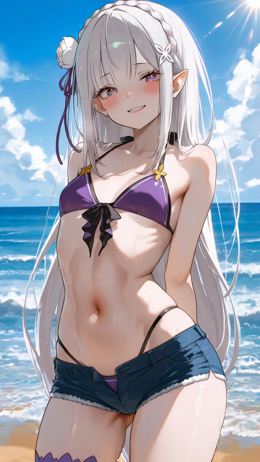 Realistic、1girl、white hair、yellow eyes、white bikini、cute face,cowboy shot:1.5,beach、wallpaper