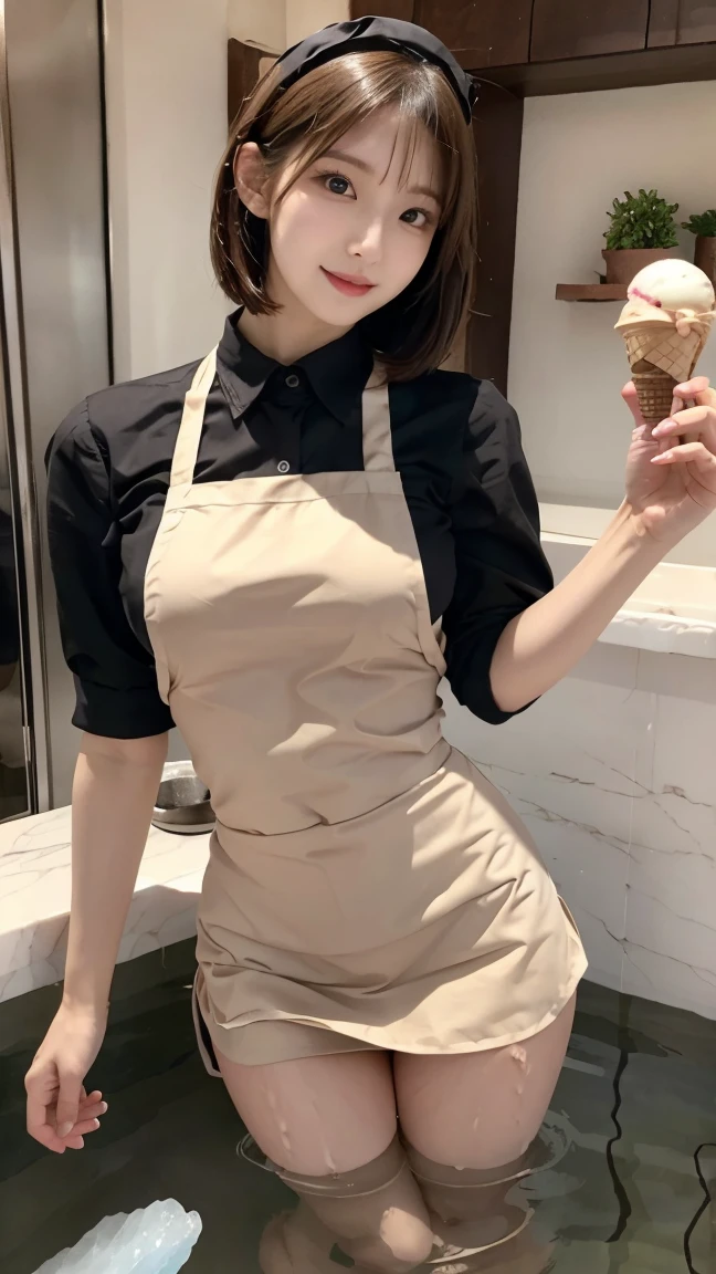 ​masterpiece, 1 beautiful girls, detaileds, top-quality, 超A high resolution, (Realistis: 1.4), OriginalPhotographs, 电影灯光, A smile, Asian Beauty, very extremely beautiful, Slightly younger face, Beautiful skins, slender, (A hyper-realistic), (hight resolution), (8K), (ighly detailed), (Beautifully detailed eyes with the best illustrations), (ultra-detailliert), (wall-), (详细的脸), looking at the viewers, fine detailed, A detailed face、pureerosfaceace_v1、with beautiful eyes、Attractive anime girl with a beautiful open mouth holding a diagonal banjo 46 points、(reddish brown hair:1.5),(Stylish and colorful café:1.7)、(Satin material、Shiny frilly clothing apron:1.5)、(Okappa:1.5)、(Sideways sitting:1.5),