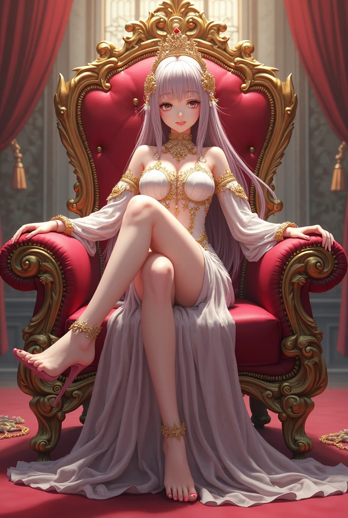 A beautiful mature woman with long pink hair and pink eyes sitting on a throne with a seductive simrk on her lips