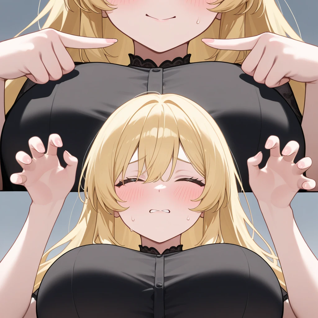  nsfw nudity　Big Tits　Sweaty　Red face　Accentuate the sides　Show your side　Hands up　(Pinching dicks with) Feeling embarrassed　Titty fuck　Upper body only　Blonde