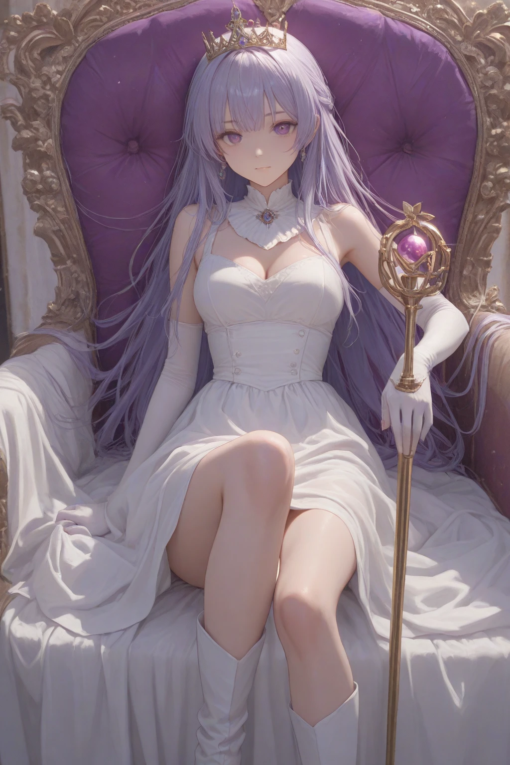 ((masterpiece, best quality)),1girl, green eyes, long light purple hair, wearing long white translucent sheer dress, sitting on a throne, wearing silver crown, close up, cleavage, full lips, facing viewer