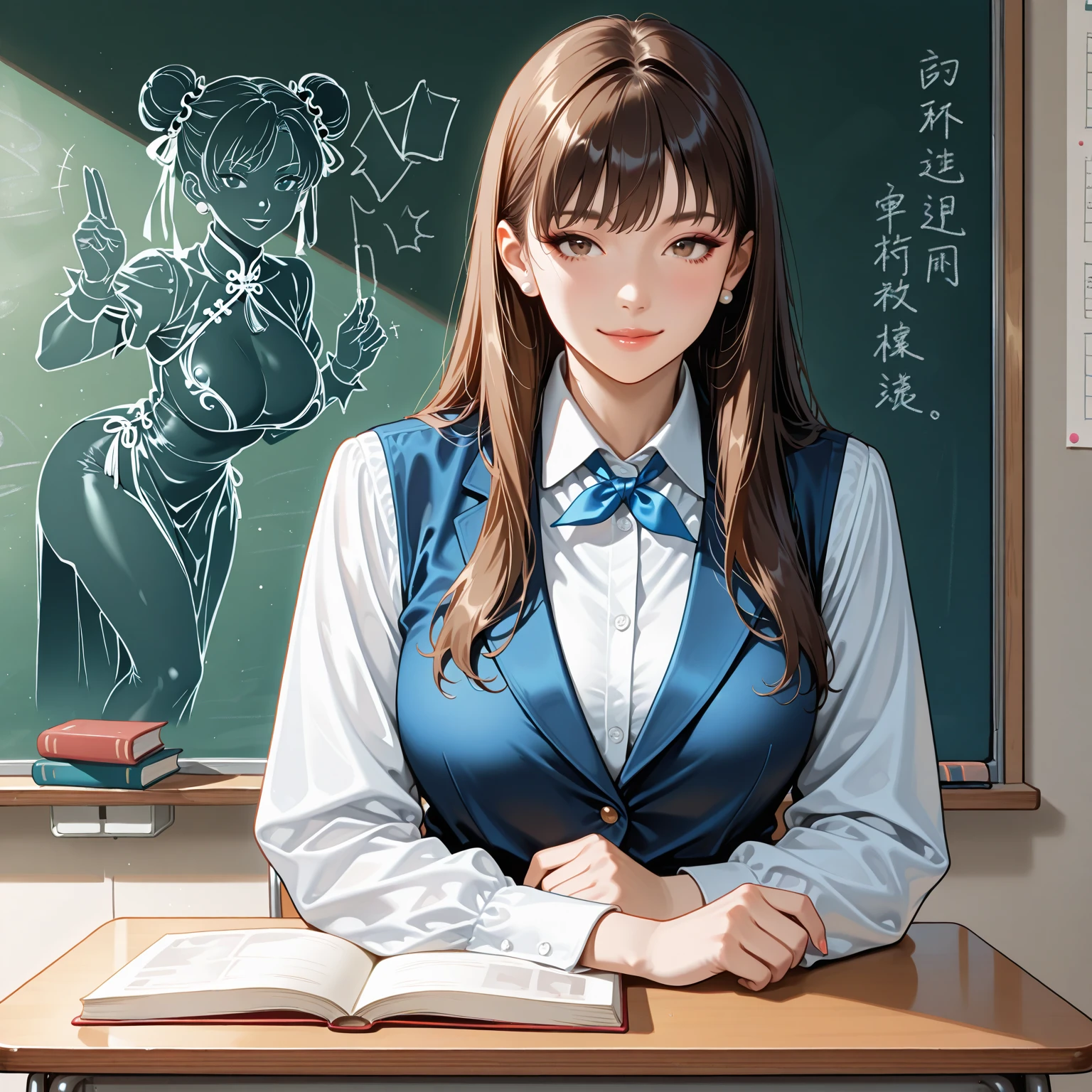 Your influencer character(milf) with long, dark hair dancing on a University Classroom, study table is full of books and notes . She is dressed in a University themed dress with glasses and has a joyful expression on her face.