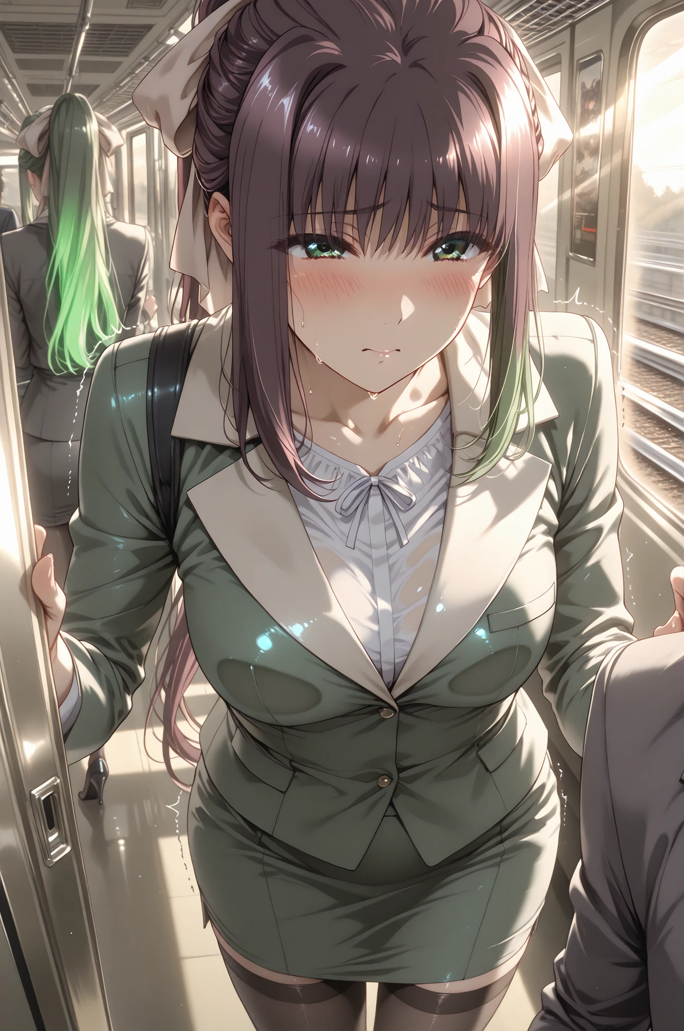1girl, makima \(chainsaw man\), arm up, [armpits, covered nipples, wet clothes, see-through:0.6], bangs, breasts, black necktie, black trousers, braided ponytail, red hair, white dress shirt, long sleeves, ringed eyes, sidelocks, yellow eyes, holding phone, looking to the side, sweat stain, expressionless, serious face, crowd, holding,  train interior, upper body, (masterpiece, best quality:1.2)
<lora:makima_offset:0.9>
<lora:sweat_stain2:0.8>