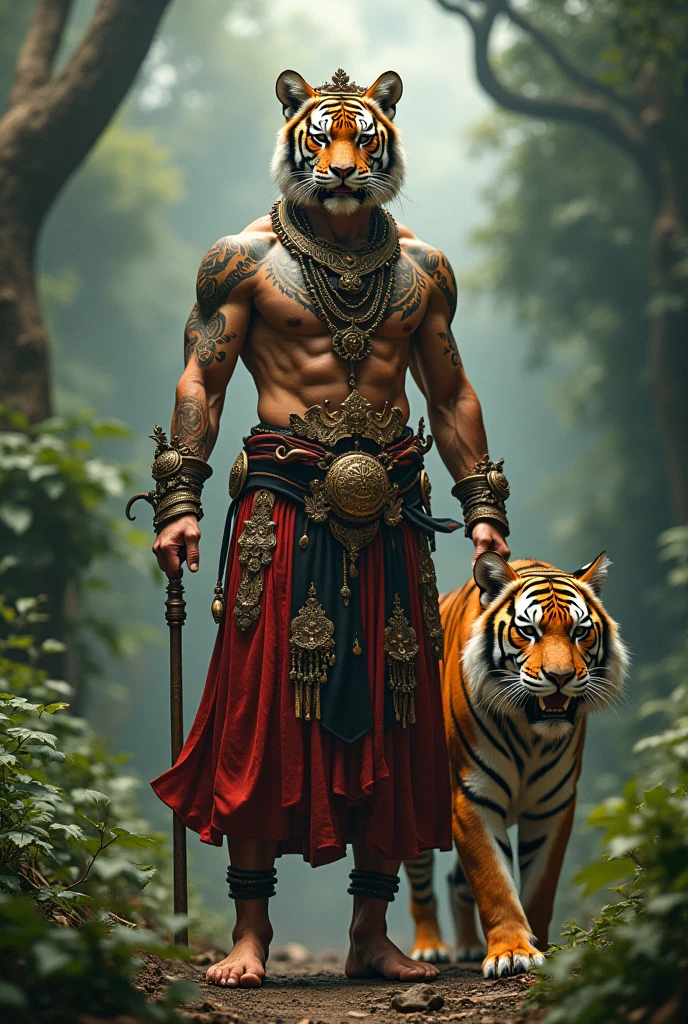 (detailed: 1.5), raw image, best quality, intricate detaills, (mohawk's shaman tiger fur amulet with fangs and bones, tiger fur loincloth), (high contrast: 1.3), diffuse lighting, natural soft colors, hyper-realistic, film grain