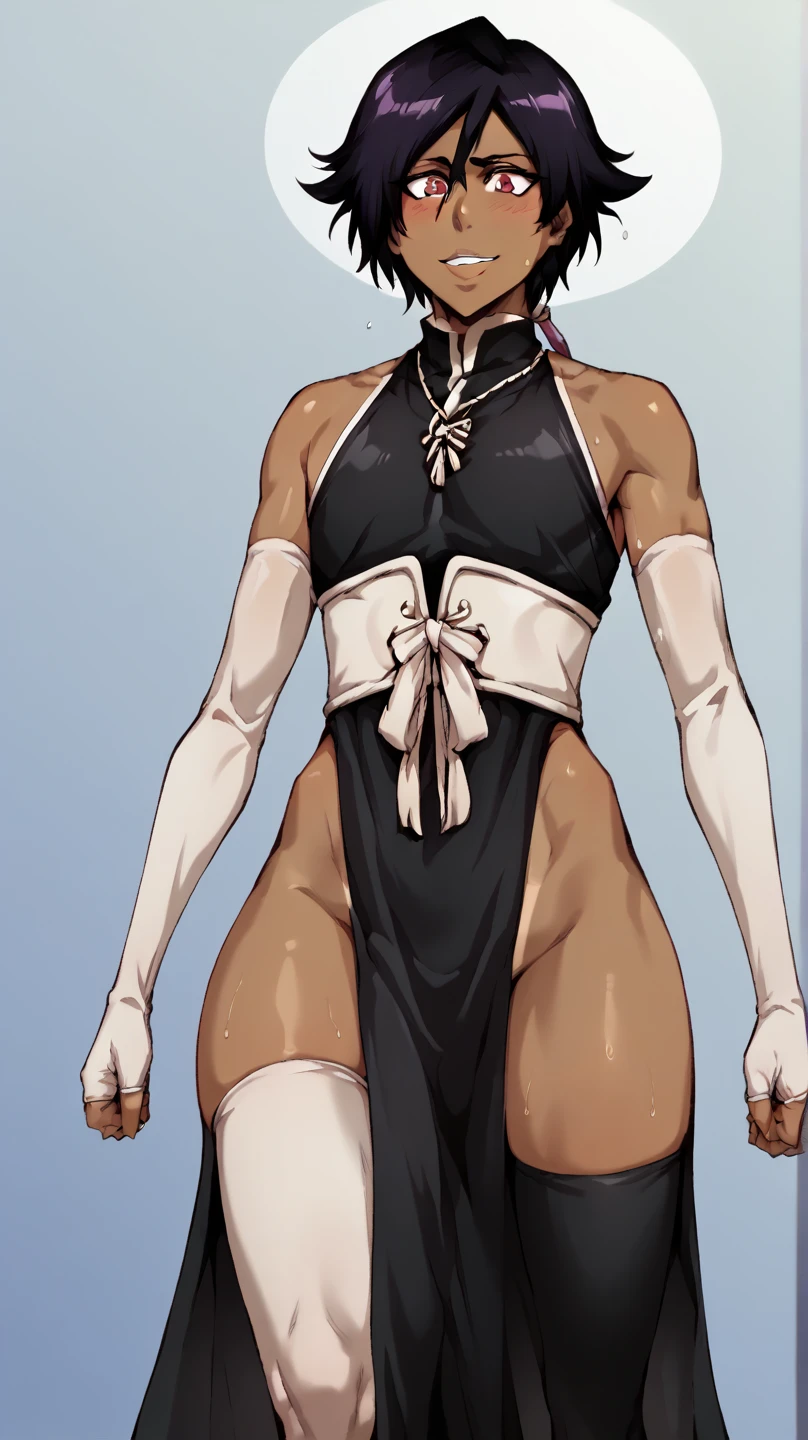 Appearance
Gender: Female
Age: Mature
Race: Drow (elf with dark skin and white hair)
Height: Full-body
Skin: Gray
Skin: Gray
Background: Plain Gray
Eyes: Purple
Attire: Bikini, revealing abdominal muscles
Accessories: Large earrings, ragged rags, chain necklace