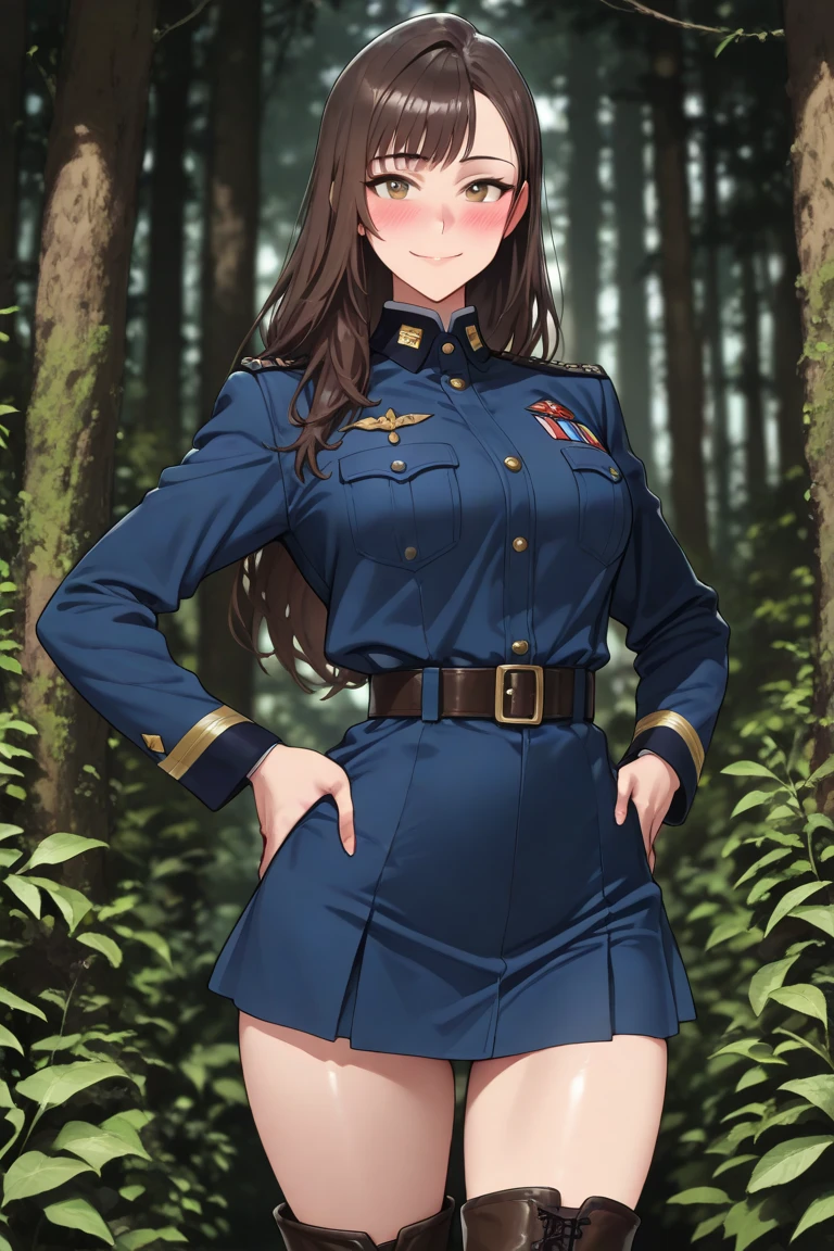 masterpiece, solo, 1 girl, Trude, detailed face, 20yo, brown Eyes, shining eyes, Uniform, (Panties:1.2), bottomless, no shoes, Dog Ears, Dog Tail, Dog Girl, <lora:Trude0:0.8>, cowboy shot, best quality, ultra high res, 4K, ultra detailed, photography, 8K, HDR,