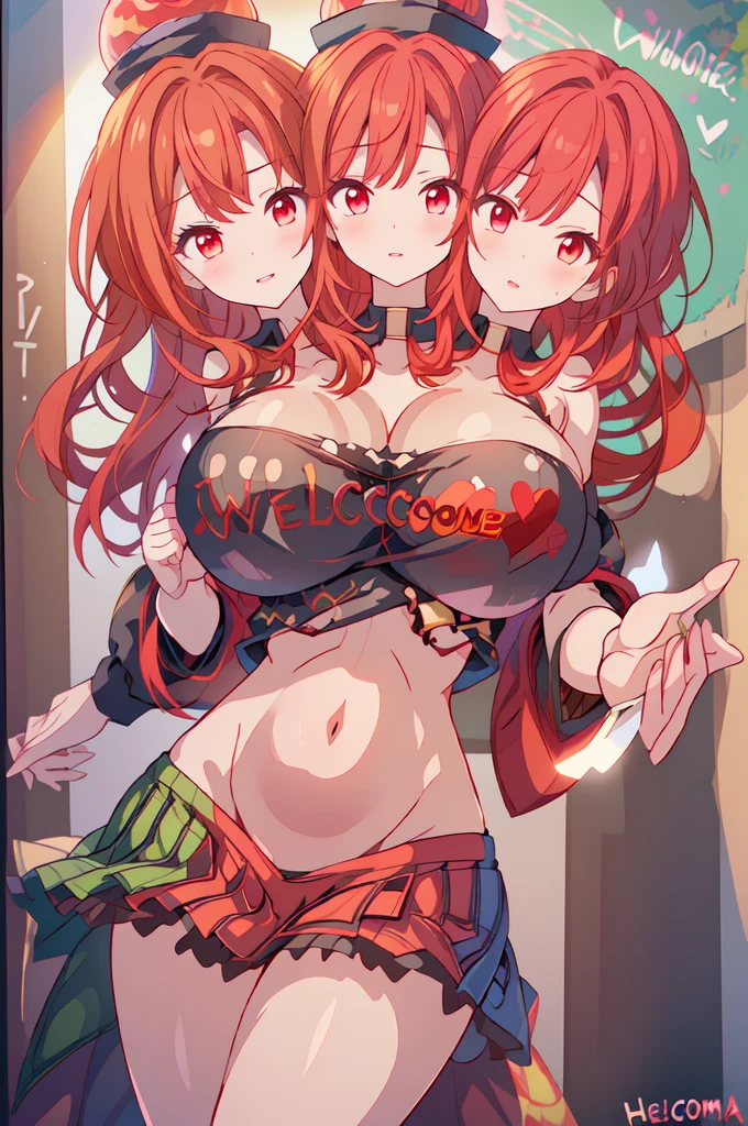 (Masterpiece, Best Quality, High Quality),(NSFW:1.3),Nishikino maki, Red hair, (3heads:1.5), open belly, very huge breasts, (very, beautiful eyes:1.5), (very detailed eyes:1.5), (pretty eyes:1.5), purple eyes, cowboy shot,low waisted pants, tight ,(sweater crop top), (sexy stomach), detailed belly, midriff, big breasts,looking at viewer,  earrings,in street
