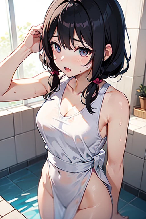 ((masterpiece, highest quality, High resolution, Hmm, Pixel perfect, Depth of written boundary, 4k, RTX, HDR))), 1 Girl, single, alone, Beautiful Anime Girls, Beautiful art style, Sunburned skin, anime character,,(Black hair,,Short hair in two braids:1.5), (Black Eye:1.4, Round eyes, Beautiful eyelashes, Realistic eyes), (Detailed face, Blushing:1.2), (Smooth texture:0.75, Realistic texture:0.65, Realistic:1.1, Anime CG Style), Medium breast, (Dynamic Angle, Dynamic pose:1.4, Watching the audience), Perfect body ,(Black Tube Top), mini skirt, smile, Sunburned skin, 