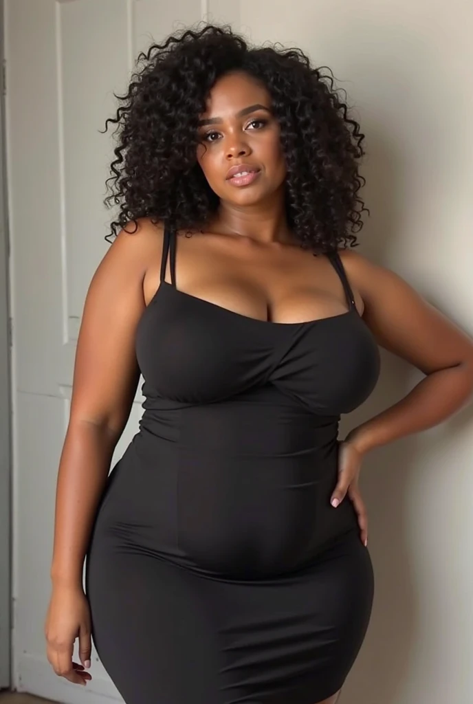 Long curly heads, wearing black dress