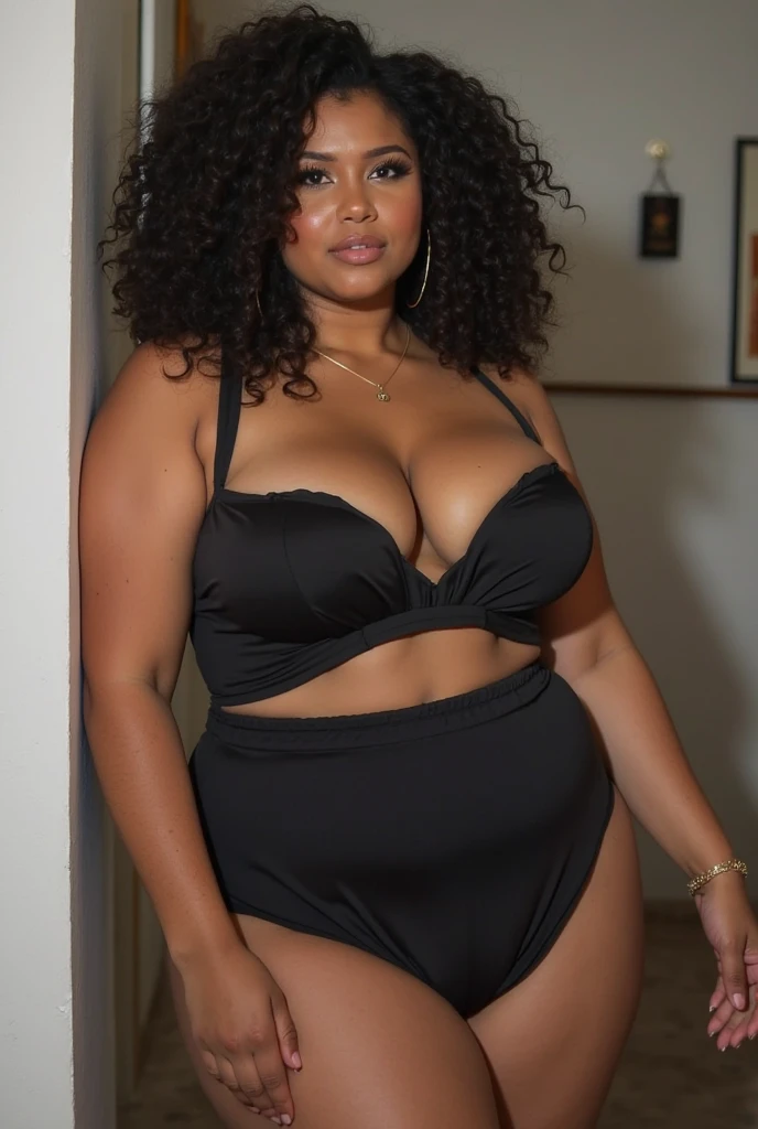 A girl, semi-human, she has feline features, black cat, black eyes, white skin, cat ears, cat tail, black curly hair, latin america, latin woman, extremely gigantic breasts, extremely gigantic ass, extremely large body, extremely thin waist, flat stomach, breasts and ass disproportionate to her body, hot, she's wearing a very small thong bikini, flushed cheeks, collar around her neck.