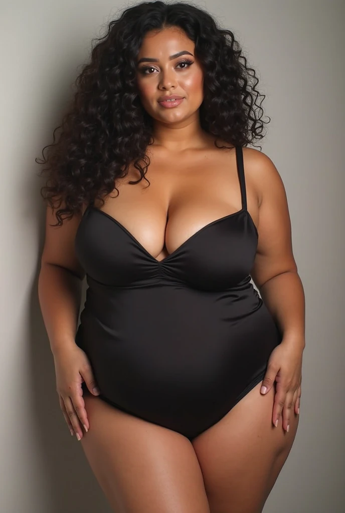 A curvy girl with curly hair and big round boobs standing straight 