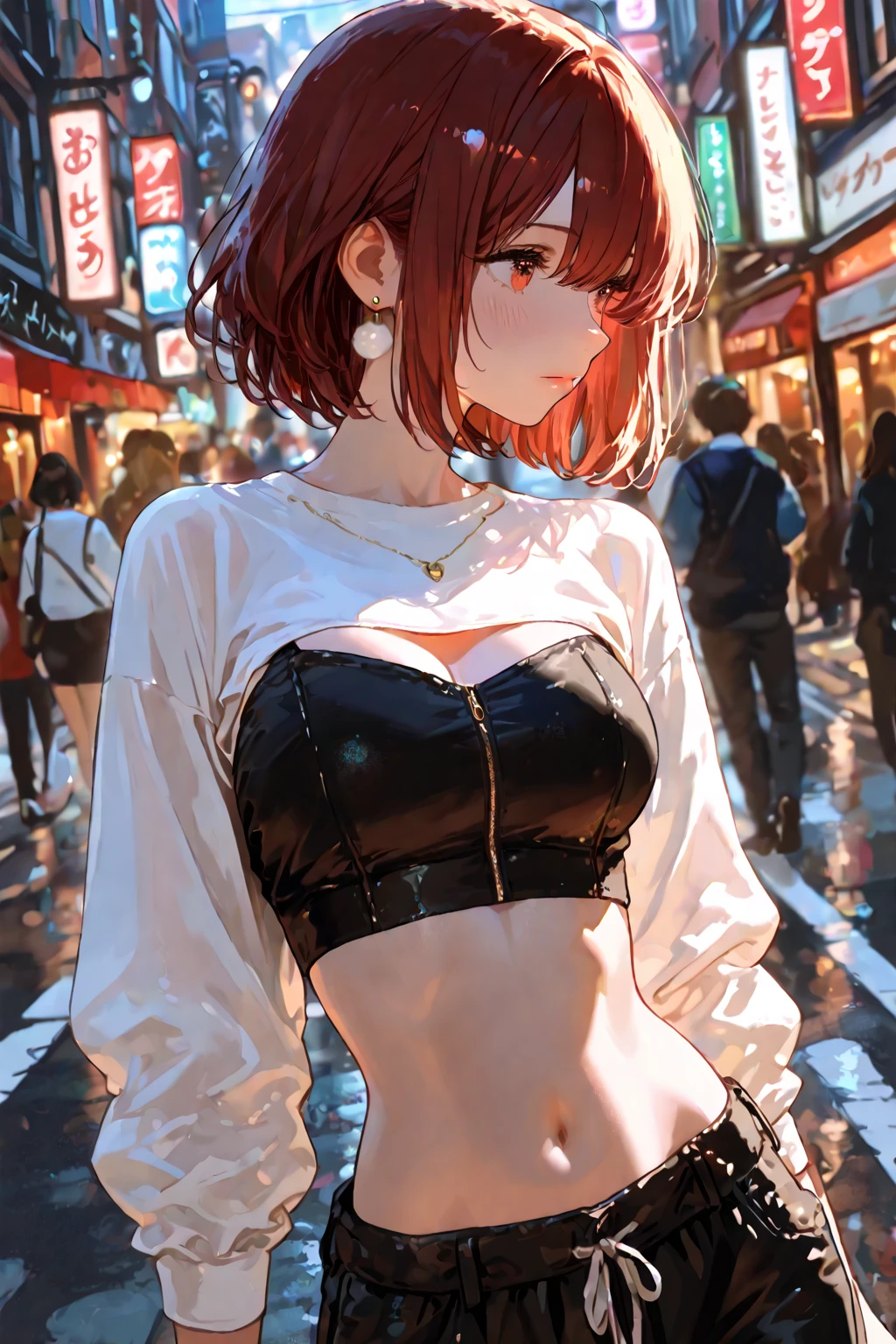 Beautiful woman upper body photo, Playing with your cell phone in the middle of the street, [See-through](Short lace camisole:1.47), Natural Breasts, Medium chest, (Tight waist, Perfect body curves), Earrings, Sharp focus, (Tall body, Adult female), ((avert your eyes)), (Skin with attention to detail, Skin pores:1.4), (Correct Anatomy:1.5, Ideal body proportions:1.1),looking at viewer, 