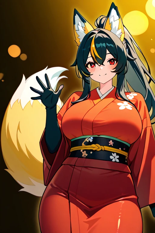 masterpiece, high quality, detailed rendering, 1 girl, Yuan Zhun, fluffy fox ears, multiple silky fox tails, long black hair with colored highlights, high shiny ponytail, bright red eyes, sweet smile, blushed cheeks, traditional red kimono with yellow details, Obi yellow, poses elegantly, fox tails waving softly, clean minimalist background, outline style, white outline