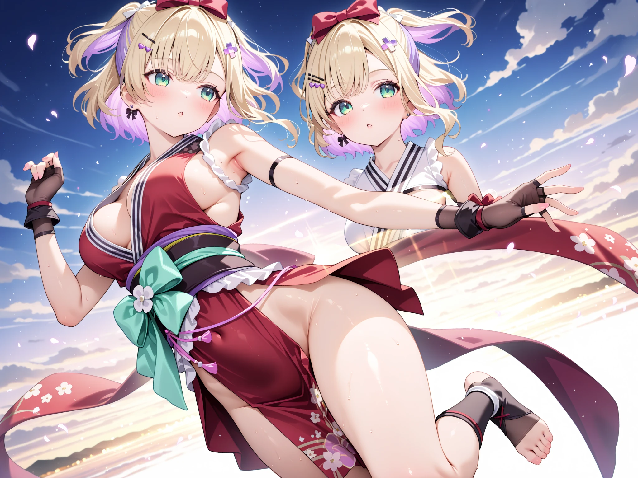 (busty girl), solo, (unexpected expression)(mouth open, (white jacket), (pink sportsbra)(covered nipples), slender waist, nude underbody, narrow hips, bare hips, (visible vulva(labia)(erect clitoris)urethra,(pussy juice)trickling, (blond hair)buns(twintails), white ribbon, large eyes, blue eyes, sunny metropolis