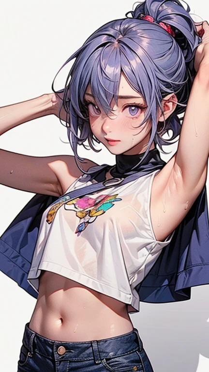 15 year old teenage  anime style, clear skin, short hair, purple hair, violet eyes, small breasts, short dark green skirt, wearing a purple bra 
