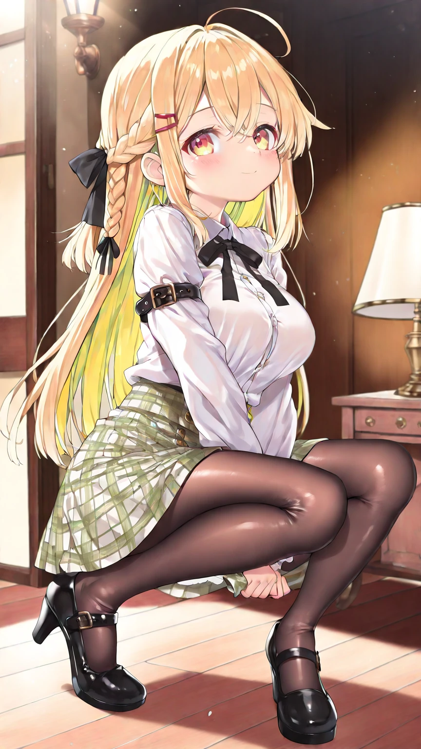 highest quality,wonderful,finely,extremely detailed CG Unity 8K wallpaper, (1 girl, brown eyes, brown hair, hair ornaments,long hair,green plaid skirt, Sainan High , , white shirt, Yellow sweater vest,No panties), (midium breasts:1.1), (arms behind head:1.3), (Light blue striped micro bikini:1.1), (squatting,open legs:1.3), (black stockings:1.1), (Thighs), (constriction), (from below:1.2)