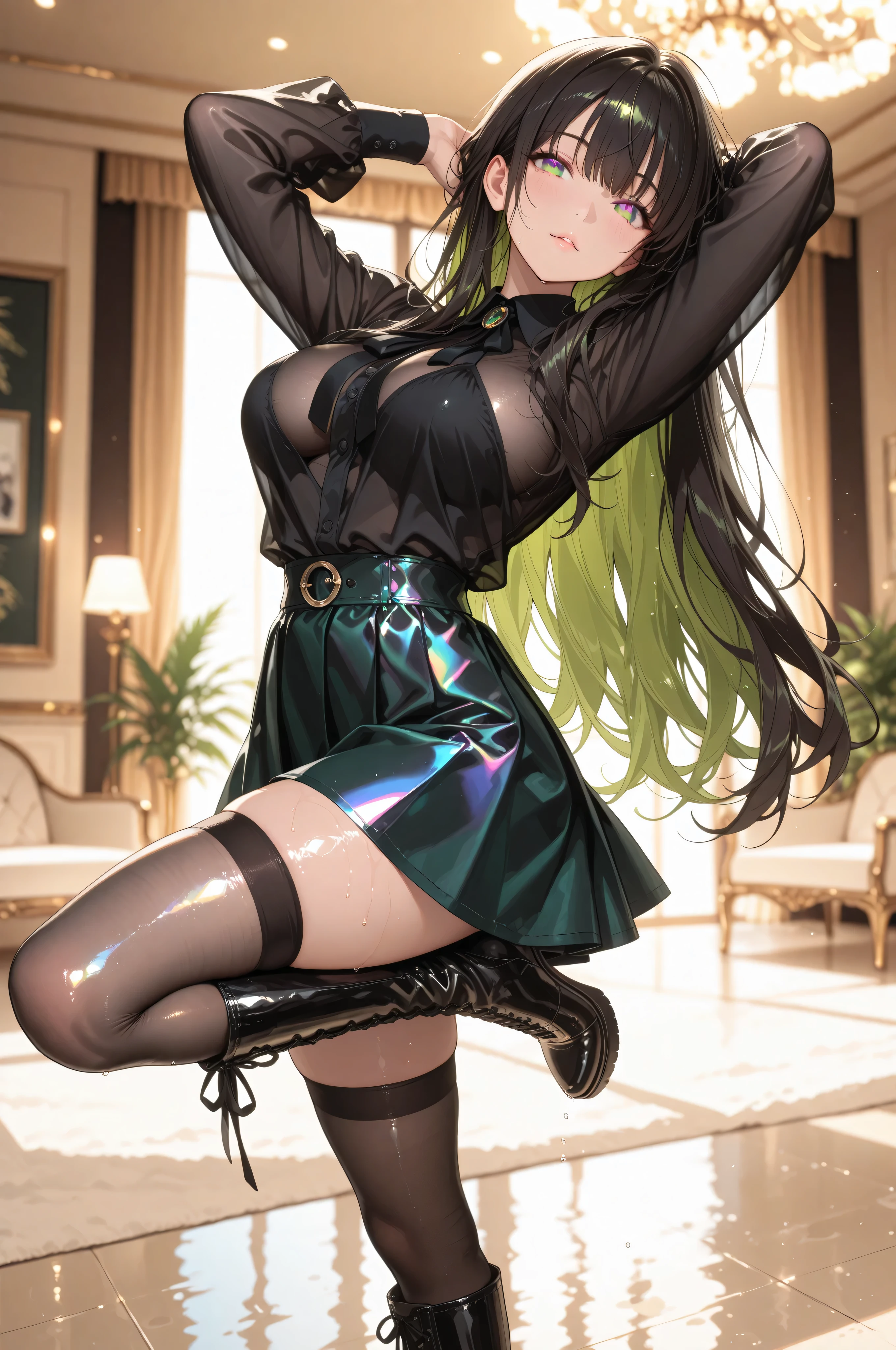 Bruises,core_9, score_8_wonderful, score_7_wonderful, score_6_wonderful, score_5_wonderful, score_4_wonderful, sauce_anime, screenshot, Uber, 1 girl, Green Hair, bangs, Hair between the eyes, Side Ponytail, Purple eyes , Black Choker, clavicle, No sleeve , Black Dress, No sleeve dress, Halter neck, Pleated skirt, Black gloves, smile, blush, (highest quality, High resolution:1.2), High resolution, Studio Lighting, Ultra-fine painting, Sharp focus, Physically Based Rendering, Very detailed explanation, Portraiture, Bent body, Big Breasts, Perfect Shape, (((Show me your armpits))), In-person audience, ((Underarm sweating)), Nice, Please raise your hand, Half-body photo, Browsing Caution
