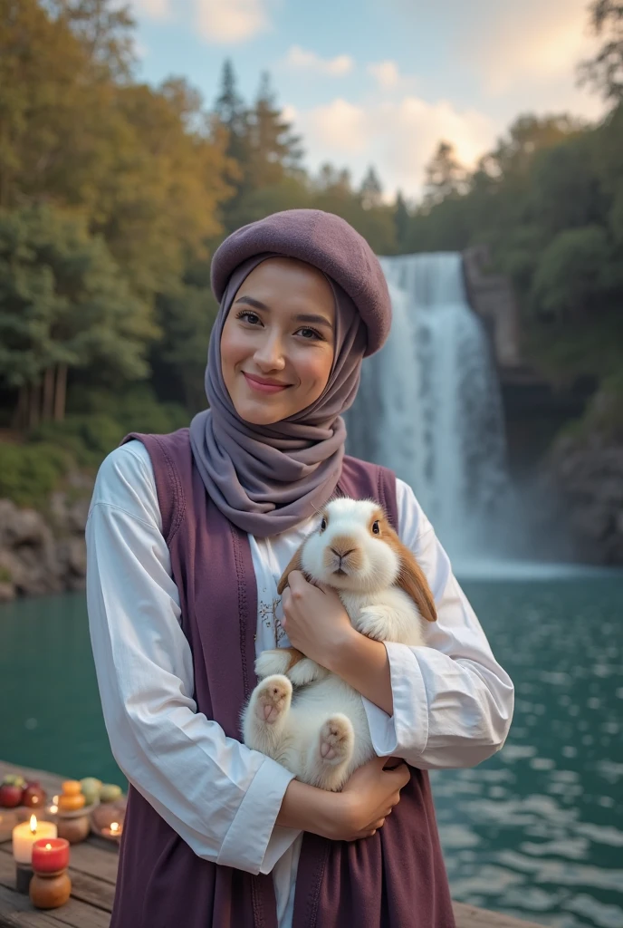 a beautiful Indonesia woman wearing a hijab, long blue Muslim clothing with a picture of a helo kitty cartoon, white shoes and white gloves, hugging a very cute helo kitty cartoon with a very beautiful sunflower garden background 🌻🌻 behind which there is a waterfall