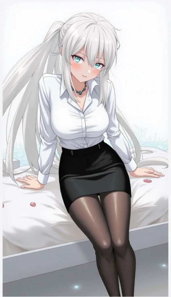 ((masterpiece, best quality)),8k,indoor ,1Focalors,mouth_hold,(white shirt:1.2) ,long hair,looking at viewer,slim waist,black bra, use pantyhose