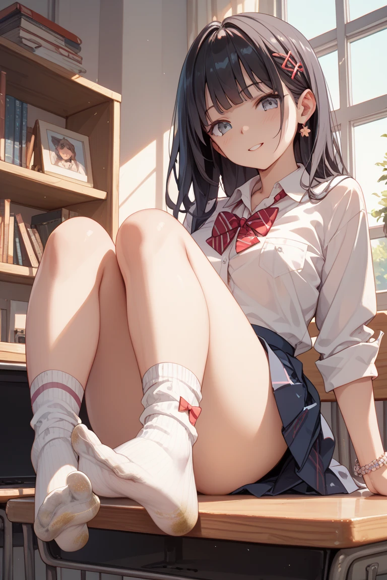 very cute and beautiful girl,(Very detailed美しい顔), (smile),blush,Black Hair,Seraphim,(Pleated navy blue mini skirt),Are standing,(From below),(Lacy white panties), Wooden classroom,window,Distant Tree々and the city, (Highest quality,masterpiece:1.0),Absurd,High resolution,Super detailed,Very detailed,32k,8K resolution, Intricate details,Movie Scenes,Detailed Background,alone,Dynamic Angle,