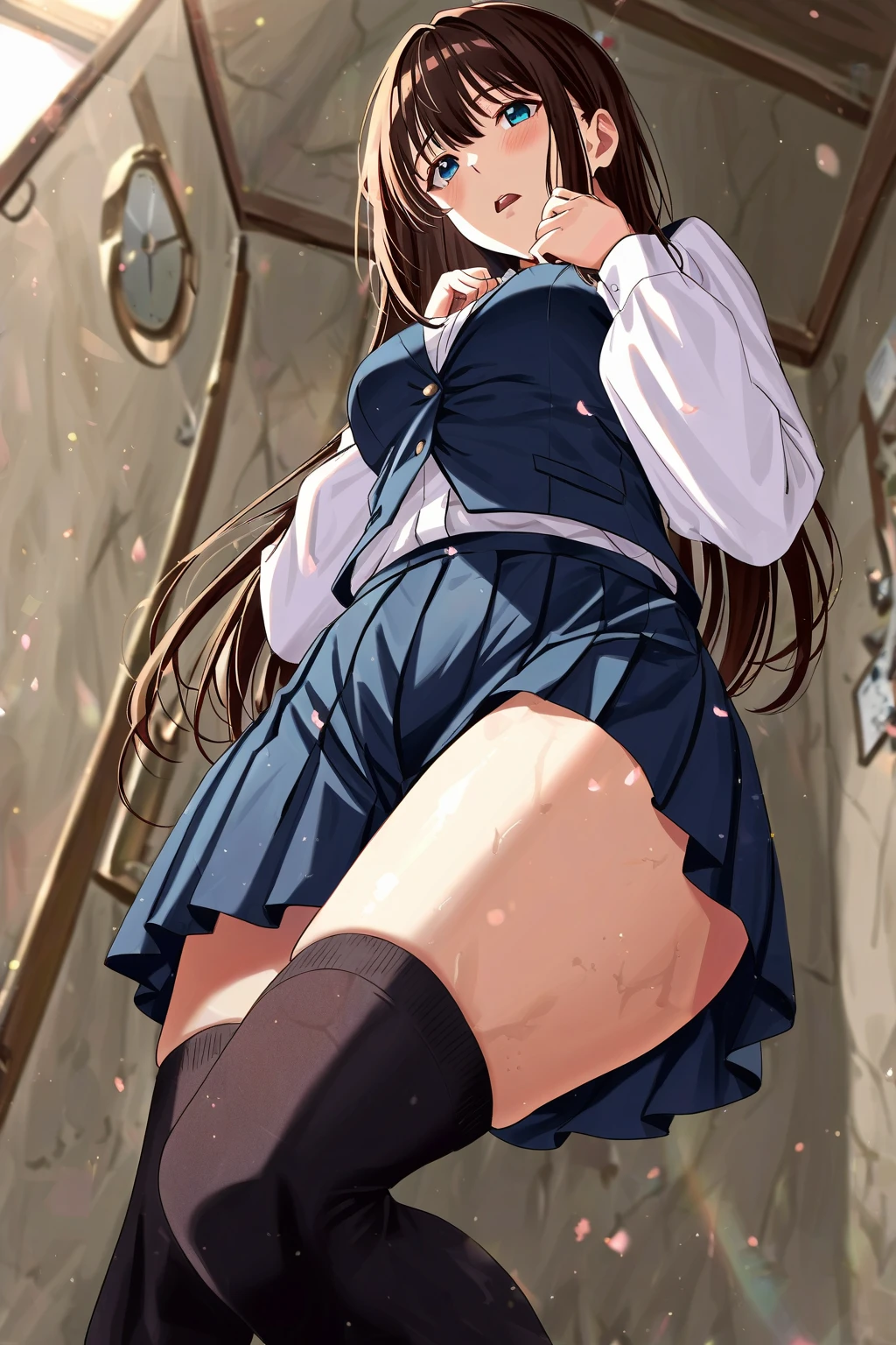 (masterpiece:1.2), hyper detail, best quality, (intricate_details:1.1), beautiful detailed, beautiful hair, solo,1girl, holo, /(spice and wolf/), wolf girl, detailed beautiful face and eyes, detailed red eyes, deep crimson eyes, detailed brown hair, intricate hair, long hair, animal ears, wolf ears, wolf tail,((tail under the skirt)), slim body, glowing eyes, small breasts, slender, slim,smiling with teeth, happy, medieval clothes, purple shirt, black fabric jacket and skirt, red fabric belt, woven belt, ring accessory, The Promise of the Wise Wolf, Simple necklace, fabric ribbon, ass,in Wheat field,((from back)),((very from below)),((hands holding skirt)),((five fingers)),ass,white panties,((lift the skirt)),half-closed eyes,young girl,sweating,looking down,