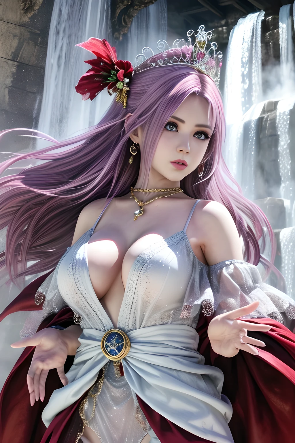 1 girl,lean over ,(Wearing Ice-crystal embellished dress:1.2) ,(Wearing Jewel:1.2) ,( lace_cloak:1.3),(Fluffs ),(pearl bodychain:1.3),mesh pantyhose,outdoor,elegant,nighttime,moonlighe,shiny skin,( huge breasts), lip gloss,tattoos, masterpiece, best quality, realistic ,Surrealism,natural colors art in 8k,soft shadows,High-definition RAW color photos professional portrait photos,solo,  elise,