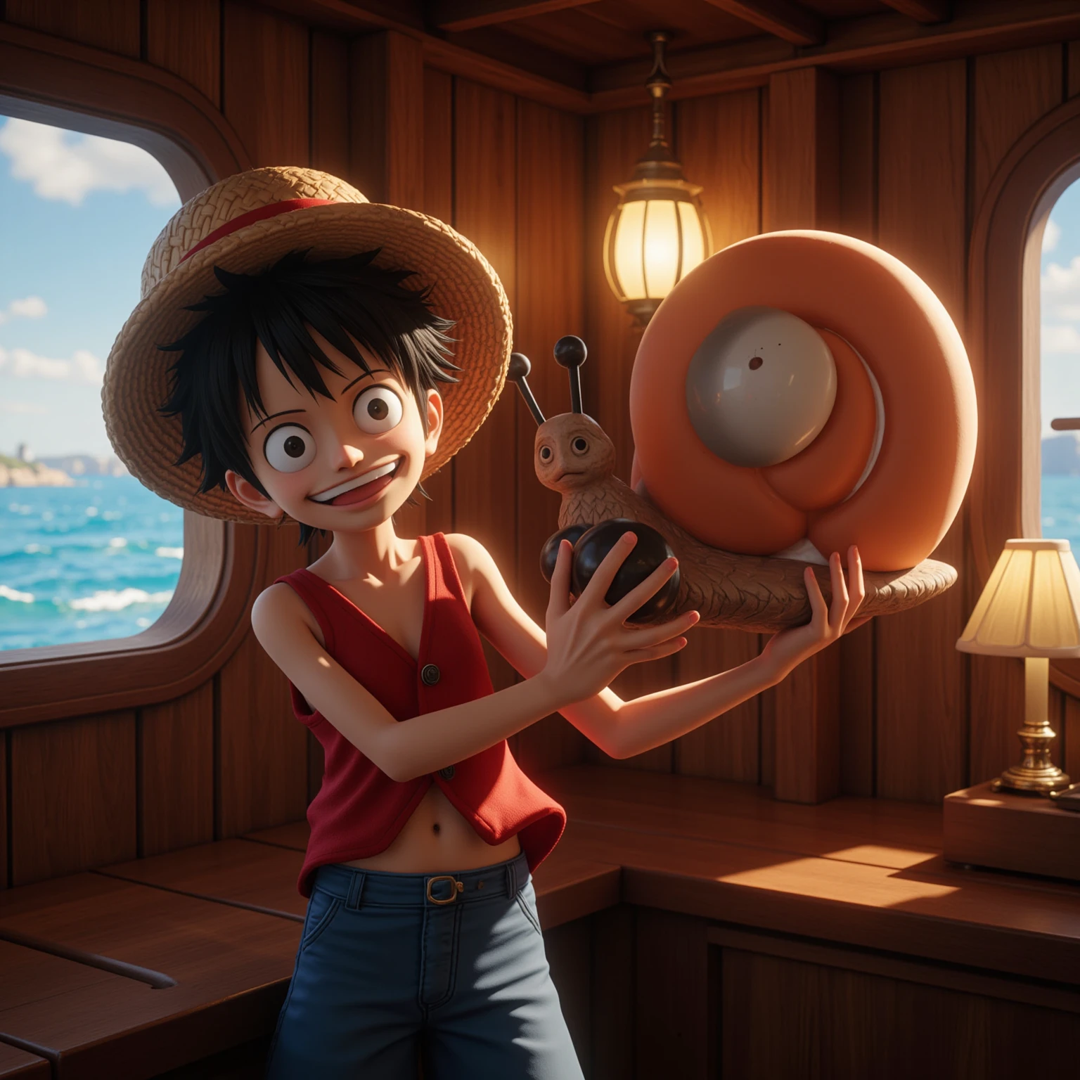 Real life adaption of this character , The handsome face of a little boy, realistic same hair , wear realistic Straw hat, (realistic same outfit), realistic background , realistic light, realistic shadow, realism, hyper realistic,(photorealistic:1.2), normal small eyes,