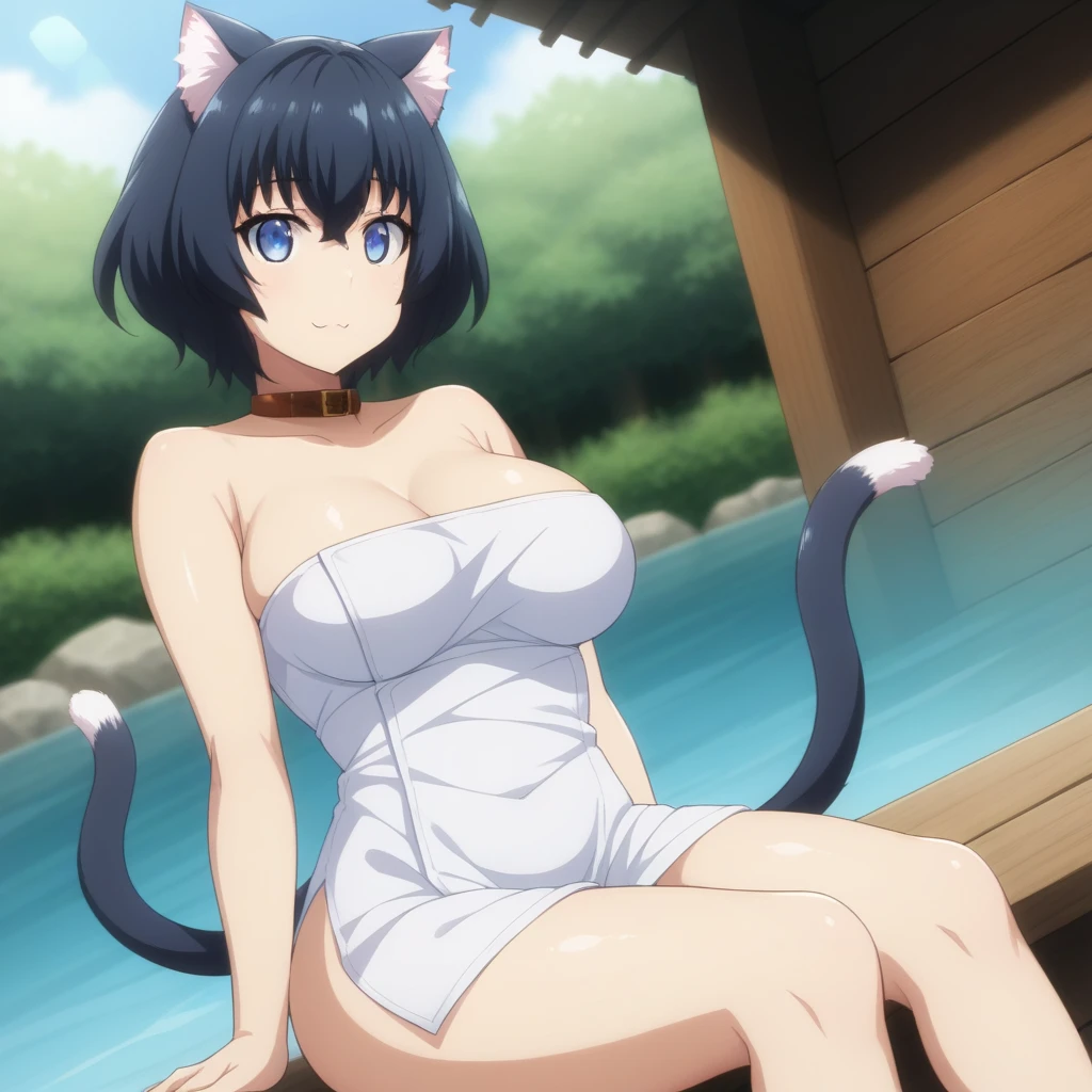 Suiran_Fou, blue eyes,  short hair, large breasts,  glasses, anime screencap, cosplay, cat ears, cat tail, neck bell,  (animal print:1.3), paw pose, animal print bodysuit, animal print legwear, nature <lora:Suiran_Fou_v2:0.8>, masterpiece, best quality