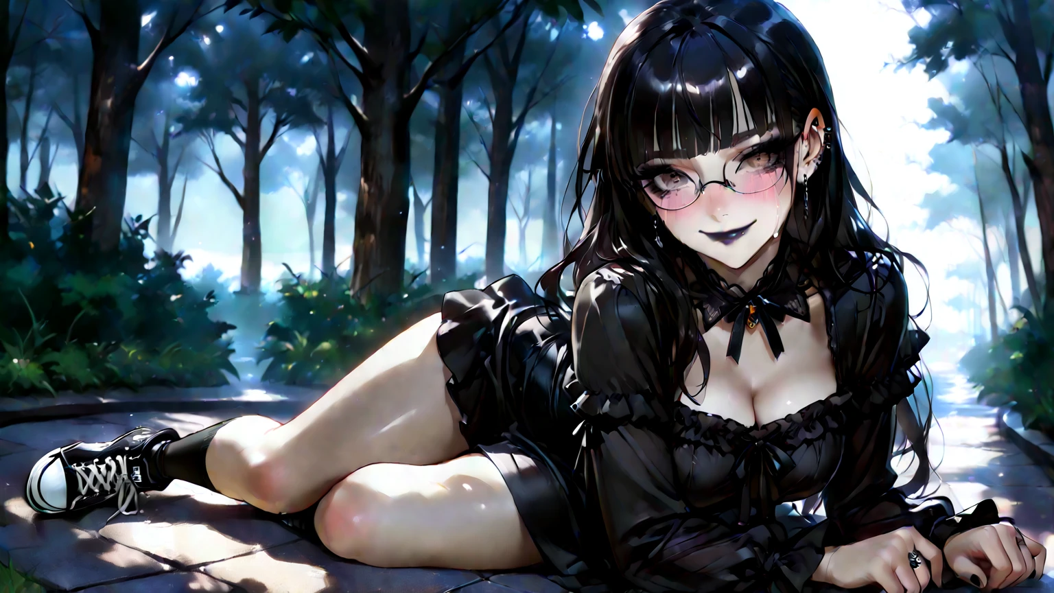 1girl in、Beauty Skater、Boyfriend's clothes、Street、red blush、bashfully、Puffy lips、Fleshy lips、half-opened mouth、lamentation、sodden、adult lady、Reluctant face、Bust large、The long-haired、laying on back、Hands above the head、Banzai、dark forest、In the dark green forest、Vast deep green、Deep forest、Clothes are torn、Tights are torn、Clothes are sloppy、Pained look、Bra exposed、Sweating all over the body、Pants exposed、Full of wounds all over the body、Blood from the shoulder、disheveled hair、masterpiece、top-quality、Detail Enhancement、Moist eyes、Clear skin、most beautiful image in the world、8K分辨率、Crisp five-finger、Sharp body、Humiliating poses、Crawling to the ground、Shamefully、bloods、perspiring、wounds、criminal、Chain around the neck、Devil's Hand