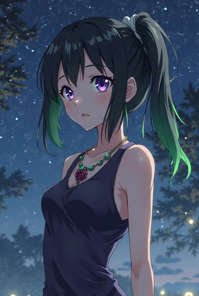 Highest quality, masterpiece,Black dark blue hair, Fluorescent yellow-green eyes,Big eyes,Front angle、Gazing at the audience、Upper Body,hair,Fair skin,長いhair、Purple hair tips、Highest quality、最高masterpiece、smile、長いhair、Purple hair tips、Night sky background、Dark Background、Perfect Face、Cute face、Swimwear

