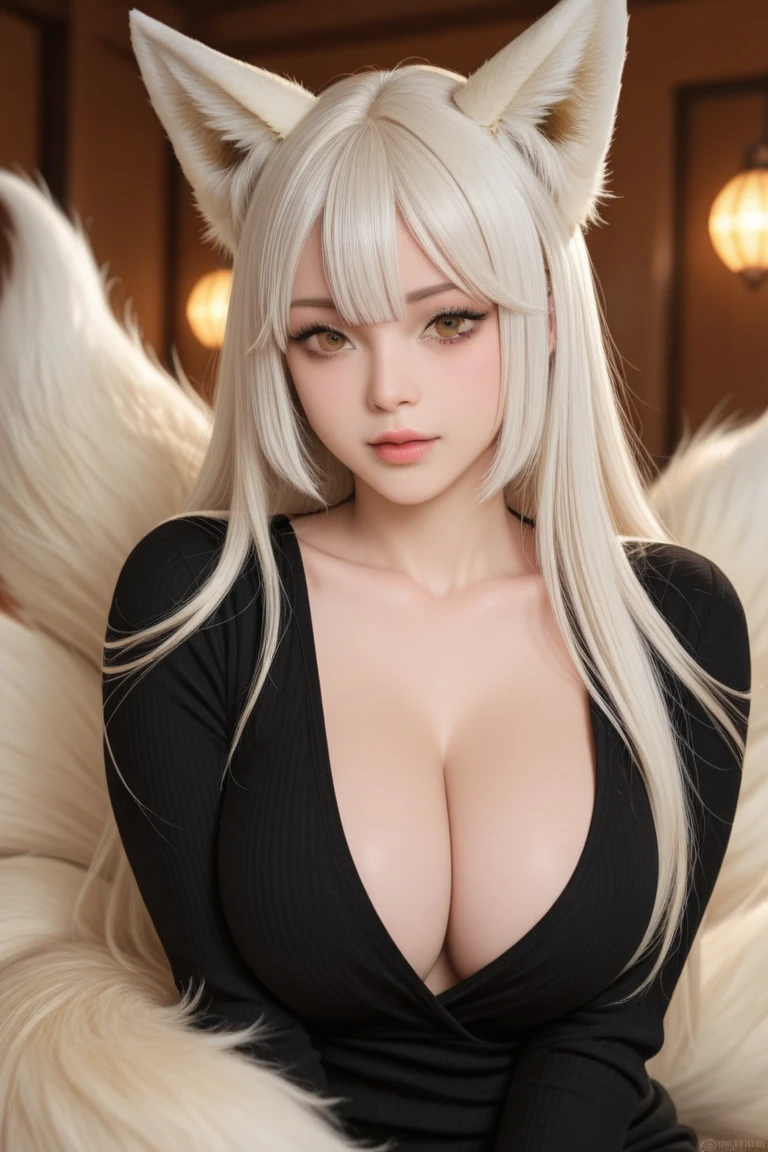 In a masterful display of artistic prowess, Lucifer from Helltaker emerges as the focal point of a hyper-realistic 8K human portrait. Clad in a formal suit featuring a striking red shirt, black pants, and a matching black necktie, she commands attention with her serene expression and captivating smile, her gaze fixed directly upon the viewer. She has the face of ((https://images.fineartamerica.com/images/artworkimages/mediumlarge/3/1-gorgeous-blonde-with-big-breasts-mihai-b.jpg)). Her eyes, almond-shaped and bewitching, mesmerize with their striking red crimson irises, framed by gracefully arched eyebrows and thick, voluminous lashes that curl upwards. Luxuriant waves of light-white hair cascade around her, catching the light in subtle platinum highlights, while her smooth, porcelain-like skin radiates a subtle glow, suggesting vitality and allure, an elegant mix of botanical and geometric patterns that enhance her already captivating presence. Her attire, a black dress and a choker around her neck, serves to underscore her beauty and sophistication. Standing tall and confident, Lucifer possesses very large bosoms, fitting into an I-sized cup, (mature female, milf:1.3). Rendered with meticulous attention to detail and realism, this portrait captures every nuance of Lucifer's appearance, from the delicate contours of her face to the subtle textures of her clothing and skin. Set against a deep matte black background, she stands as a timeless symbol of beauty and allure, her dynamic pose and perfect anatomy drawing the viewer into her world. This high-resolution masterpiece transcends mere artistry, offering a glimpse into the depths of Lucifer's character and personality. With its cinematic composition and meticulous attention to detail, it stands as a testament to the artist's skill and vision, a true masterpiece in every sense of the world. full body. large breasts, heavy makeup, detailed Tokyo street , smile, white hair, blush, eyeliner, white lips