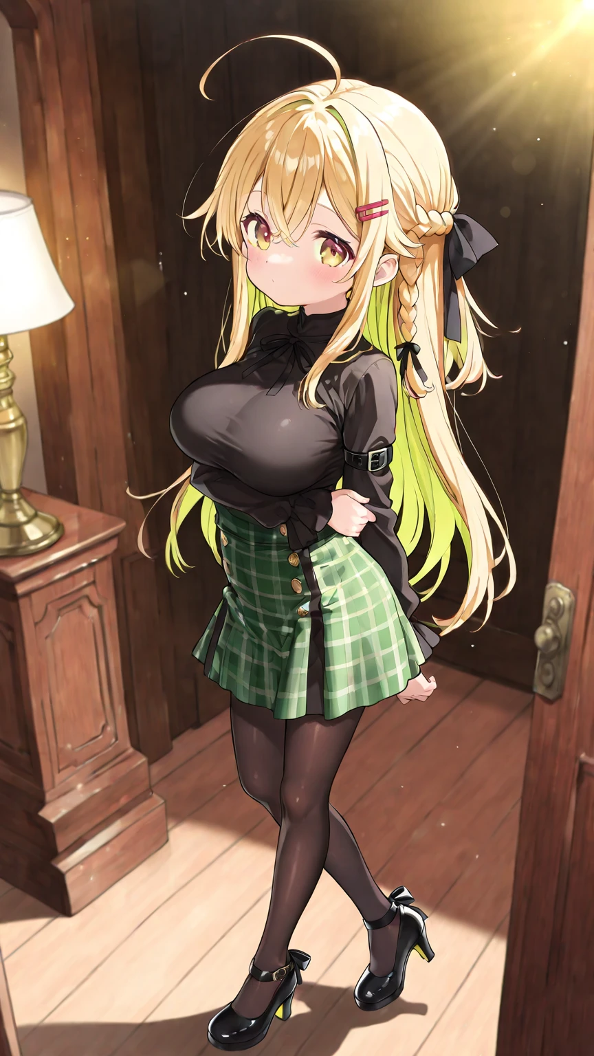 Wearing a black dress、系着红色领带和黑色衬衫of anime girls, Rin Harusaka, anya from spy x family, of anime girls) Seguro para o trabalho, finely detailled. Girl Front, pixiv 3dcg, 来自Girl Front, Covered and SFW, portrait of tifa lockhart, 穿着黑色连衣裙of anime girls杰作,Best quality,jpn,hand sign,_hand sign,1 Sister,face flushed,Avak,Tongue rest_Create a masterpiece, Best quality at best, hyper-high detail, The real Chinese dream, Short hair details, Braided hair, Brown hair, violet colored eyes, Fuku Kurosawa, green necktie, Black dress, blackstockings,,Superbly detailed eyes,small bustedium chest circumference