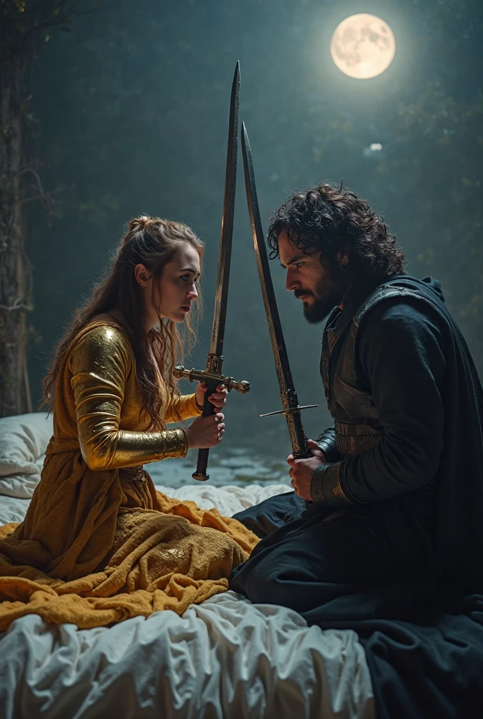 "Envision a scene of valor and love amidst the chaos of battle: see Robb Stark, portrayed by the valiant Richard Madden, holding Joanna Lannister, embodied by the courageous Sadie Sink, in a tender embrace amidst the smoke and clamor of the battlegrounds. With the clash of swords and the roar of war in the background, Robb's smile is a beacon of hope and determination as he holds Joanna close, their love a steadfast anchor amidst the turmoil. Despite the chaos surrounding them, their bond remains unbroken, their spirits undaunted. Let their love shine bright in this moment of resilience and bravery amidst the trials of war." (medieval)