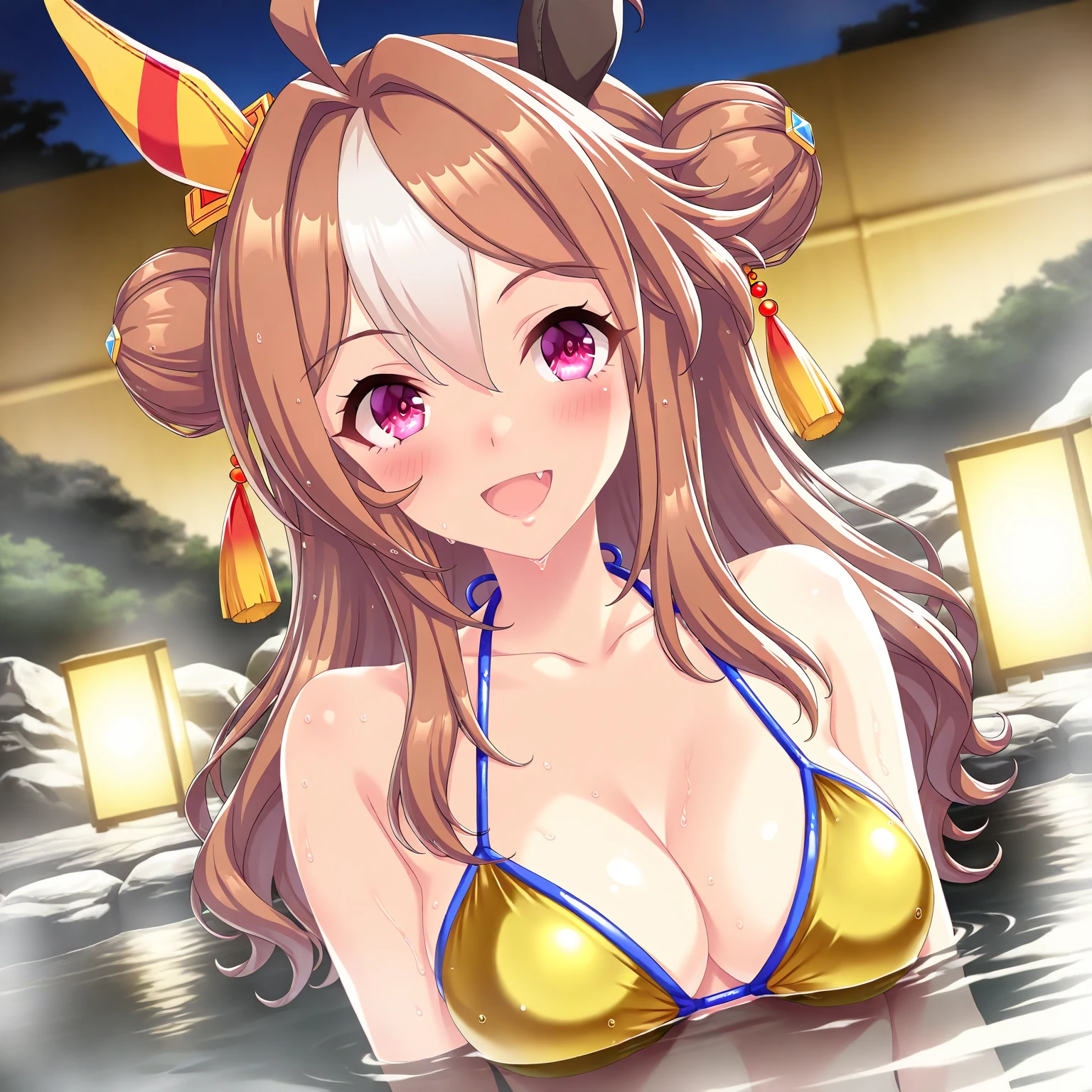 ((masterpiece)), ((best quality)), (ultra-detailed), pool, night, a cute girl, 1girl, solo, bikini, ((beautiful eyes)), smile