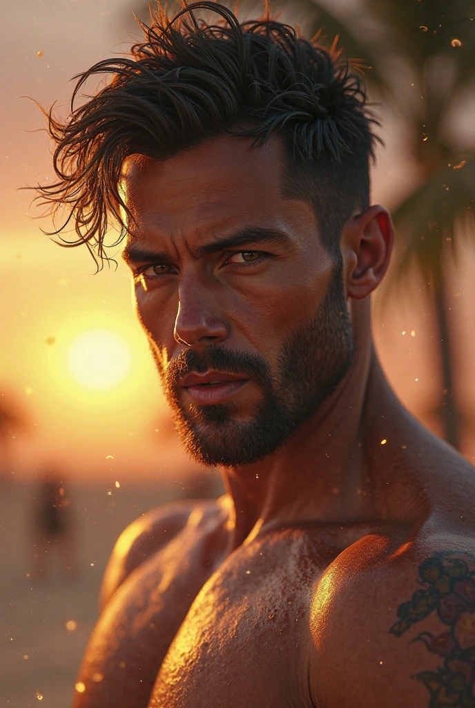 40-year-old male, muscular naked erection