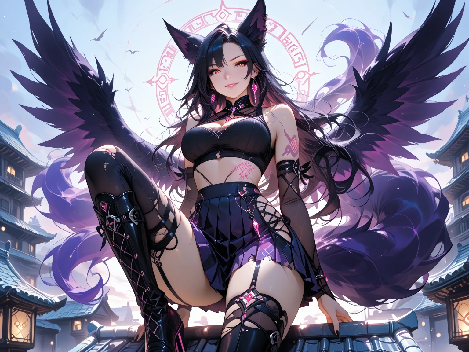 Highest quality,Highest Resolution,Beautiful girl with angry face in maid leotard,Frills,High leg,(((Floating in the air))),Halo,universe,Milky Way,Very beautiful eyes,(((Black angel wings on the back))),whole body,front,long hair,Shoot a bow,Knee-high stockings,Floating in the air,