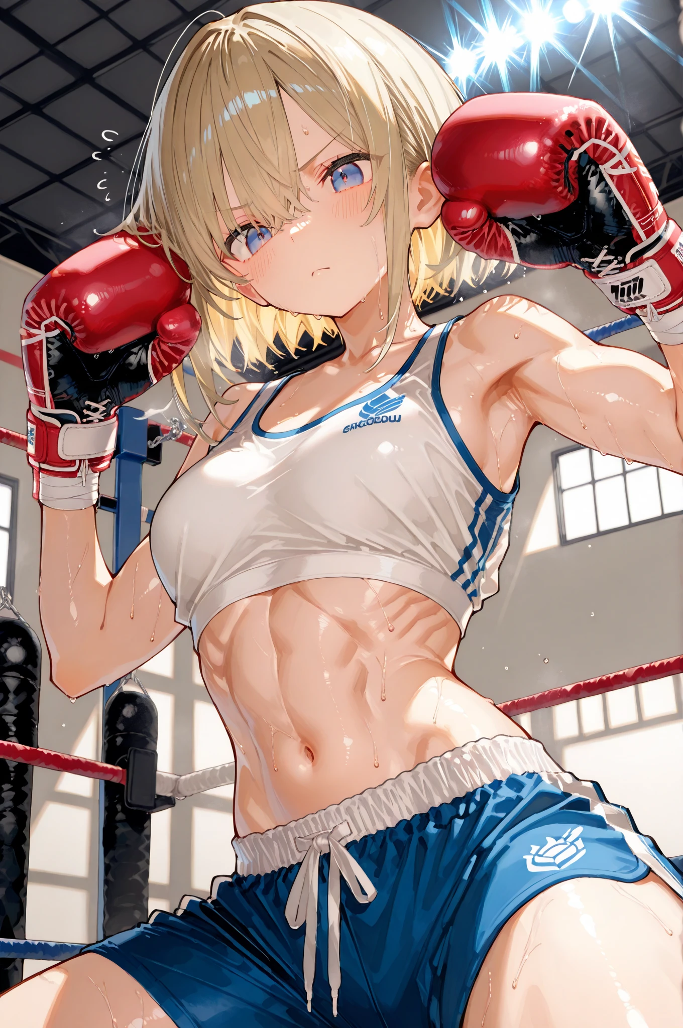 During a martial arts match、simple boxing ring、((perfect ???????,realistic,:1.3,RAW Photography:1.3,masterpiece、highest quality、Ultra - High resolution、High resolution、Highly detailed CG、8K)),cowboy shot,1 female,solo,20 year old beauty、female martial arts athlete、beautiful detailed face and eyes,big and gorgeous eyes),dark blue eyes,(blonde hair,short bob hair,bangs),(large breasts,slender body,small head:1.4, toned body, gleaming skin,oily skin,shiny skin),((injury、kneeling,sweat,Bruises from being beaten a lot:1.7)),(navy blue sports bra、Dark blue sports shorts、yellow open finger gloves)、simple martial arts ring、dim lighting、underground、Audience in the background、
