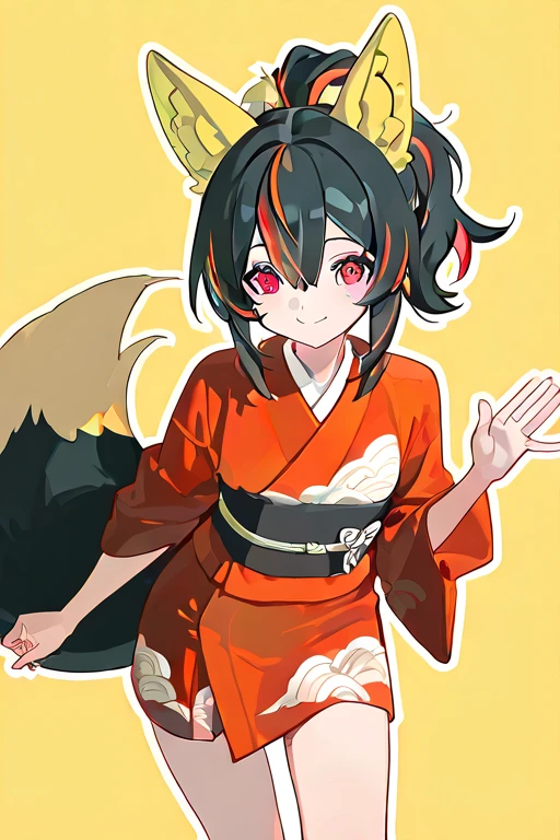 masterpiece, high quality, detailed rendering, 1 girl, Yuan Zhun, fluffy fox ears, multiple silky fox tails, long black hair with colored highlights, high shiny ponytail, bright red eyes, sweet smile, blushed cheeks, traditional red kimono with yellow details, Obi yellow, poses elegantly, fox tails waving softly, clean minimalist background, outline style, white outline