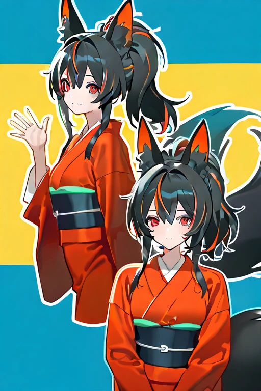 masterpiece, high quality, detailed rendering, 1 girl, Yuan Zhun, fluffy fox ears, multiple silky fox tails, long black hair with colored highlights, high shiny ponytail, bright red eyes, sweet smile, blushed cheeks, traditional red kimono with yellow details, Obi yellow, poses elegantly, fox tails waving softly, clean minimalist background, outline style, white outline