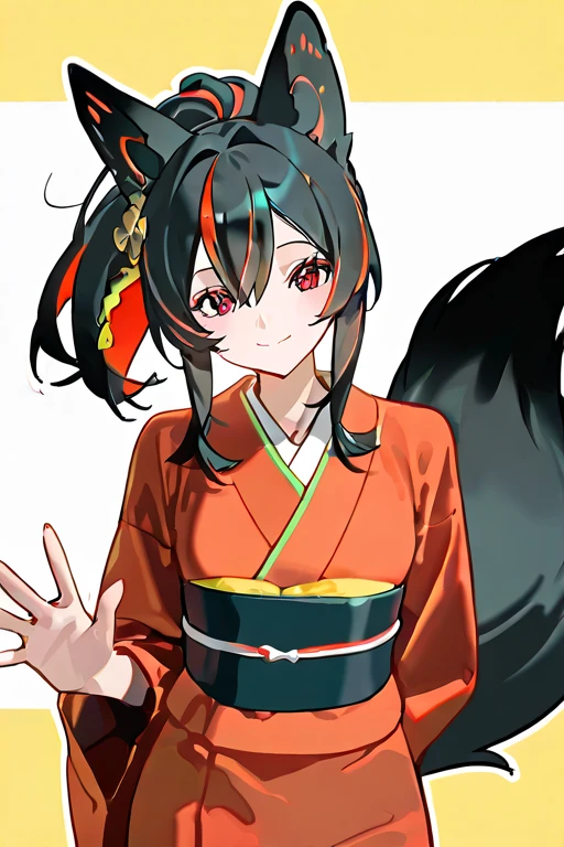 masterpiece, high quality, detailed rendering, 1 girl, Yuan Zhun, fluffy fox ears, multiple silky fox tails, long black hair with colored highlights, high shiny ponytail, bright red eyes, sweet smile, blushed cheeks, traditional red kimono with yellow details, Obi yellow, poses elegantly, fox tails waving softly, clean minimalist background, outline style, white outline