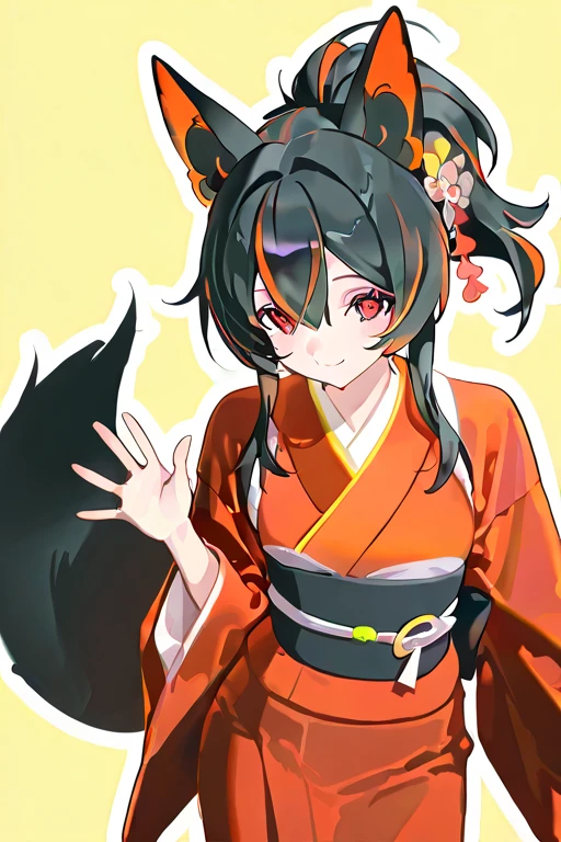 masterpiece, high quality, detailed rendering, 1 girl, Yuan Zhun, fluffy fox ears, multiple silky fox tails, long black hair with colored highlights, high shiny ponytail, bright red eyes, sweet smile, blushed cheeks, traditional red kimono with yellow details, Obi yellow, poses elegantly, fox tails waving softly, clean minimalist background, outline style, white outline
