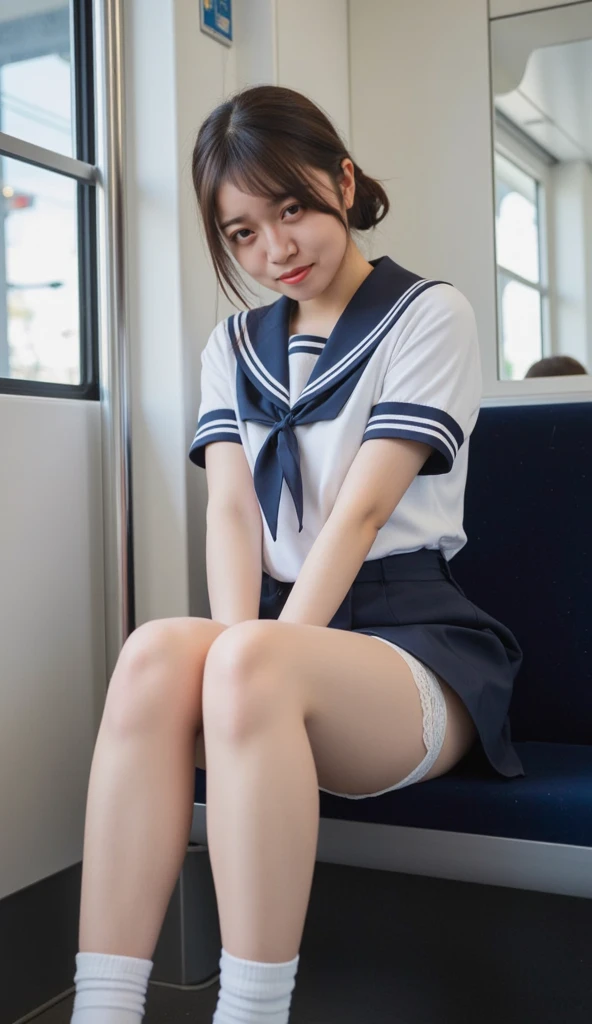 Highest quality,Very detailed,masterpiece,Realistic,Realistic,Bright lighting,One Girl, Very beautiful 17 year old girl, (cute:1.2),A faint smile, (Brown eyes),(Brown haired),(prohibit),Shortcuts、Perfect glowing skin,Perfect Skin,((erotic,Sexy and sexually explicit)),((Precise needles without discomfort)), Big ample breasts,Accentuate your cleavage、big breasts and small waist, Look at the viewers,((Sailor suit)),((Short sleeve uniform white shirt)),(Red tie),(Mini pleated skirt in blue),(((Roll up the skirt yourself))),(I lifted it myself),(Showing panties),Wearing panties,Panty Focus,((get up,Spread your legs)), socks, (黒のニーsocks),(Loafer shoes), Daytime,in the train,Sit sideways with your back to the window