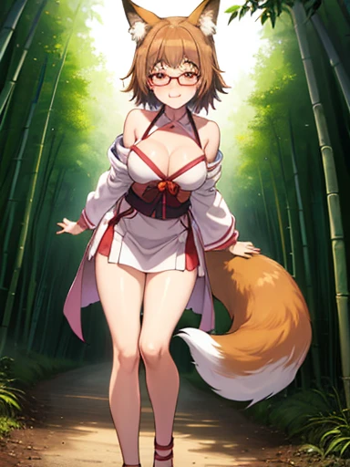 Roxanne Demin kin 1girl, solo, medium breasts, Body position: Standing, straight, symmetrical, barefoot, Lustful smile on face with red blush, fluffy ears, dog ears, blonde hair, bikini armor venus body