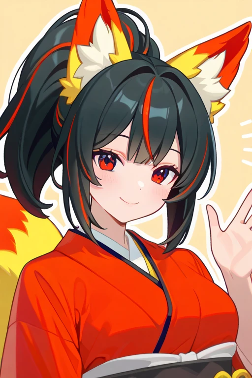 masterpiece, high quality, detailed rendering, 1 girl, Yuan Zhun, fluffy fox ears, multiple silky fox tails, long black hair with colored highlights, high shiny ponytail, bright red eyes, sweet smile, blushed cheeks, traditional red kimono with yellow details, Obi yellow, poses elegantly, fox tails waving softly, clean minimalist background, outline style, white outline