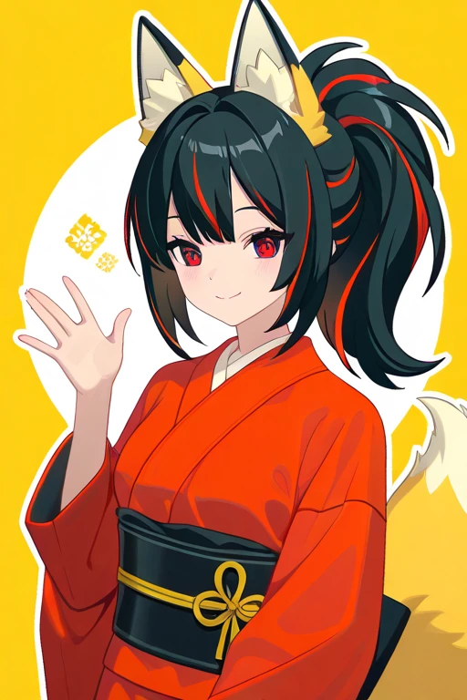 masterpiece, high quality, detailed rendering, 1 girl, Yuan Zhun, fluffy fox ears, multiple silky fox tails, long black hair with colored highlights, high shiny ponytail, bright red eyes, sweet smile, blushed cheeks, traditional red kimono with yellow details, Obi yellow, poses elegantly, fox tails waving softly, clean minimalist background, outline style, white outline