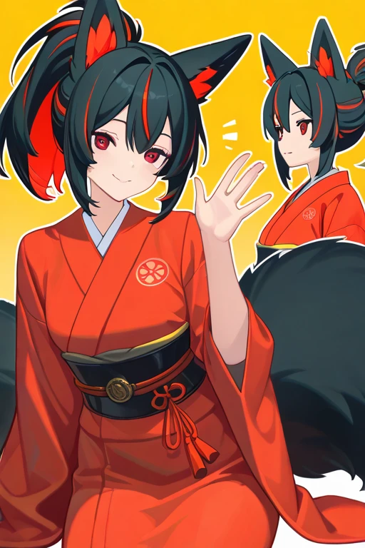 masterpiece, high quality, detailed rendering, 1 girl, Yuan Zhun, fluffy fox ears, multiple silky fox tails, long black hair with colored highlights, high shiny ponytail, bright red eyes, sweet smile, blushed cheeks, traditional red kimono with yellow details, Obi yellow, poses elegantly, fox tails waving softly, clean minimalist background, outline style, white outline