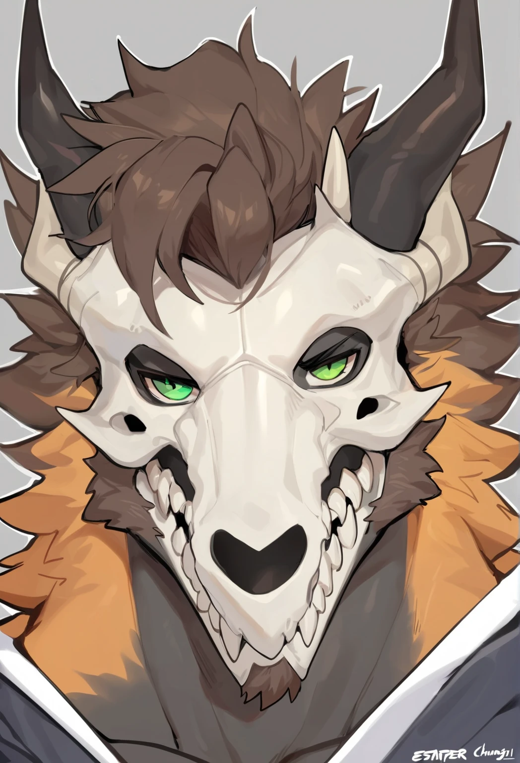 A hulking skull faced wolf creature with black fur, giant pecs, glowing green eyes, bangs