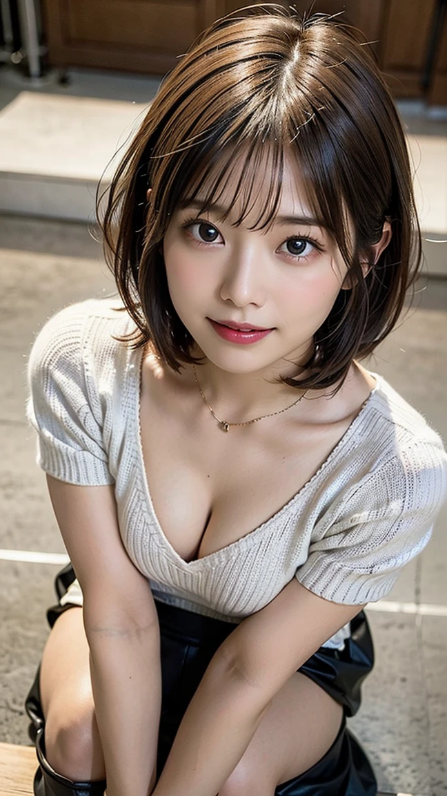 (highest quality, 8k, 32k, masterpiece, Ultra-high resolution:1.2),Beautiful Japanese Women Photos,Large Breasts、 Very short hair,Upper Body,Tight sweater, necklace,Earrings、 Simple Background, Looking at the camera,26 years old、No makeup、Cleavage、Half-open mouth、Teeth are visible、I can see the side、One hand touches the chest、Cowboy Shot、blush:2.0