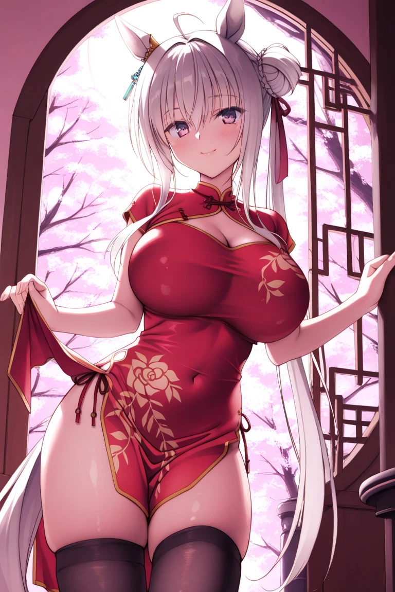 ((highest quality、High resolution、8K、masterpiece:1.3))、dynamic angle、I can see the whole body、wallpaper、1 girl、unparalleled beauty、ultimate beauty、super detailed face、delicate eyes、smile shyly、sexy look、looking at the camera、Depth of bounds written、light particles、side light、ponytail、silver hair、shrine maiden、shrine maiden服、shrine maiden costume、white kimono、red hakama, Exposed white panties, cute panties, Exposed breasts、huge breasts:1000、cleavage、Thighhighs、thighs、slim、slender、Old castle at night, standing, leg up