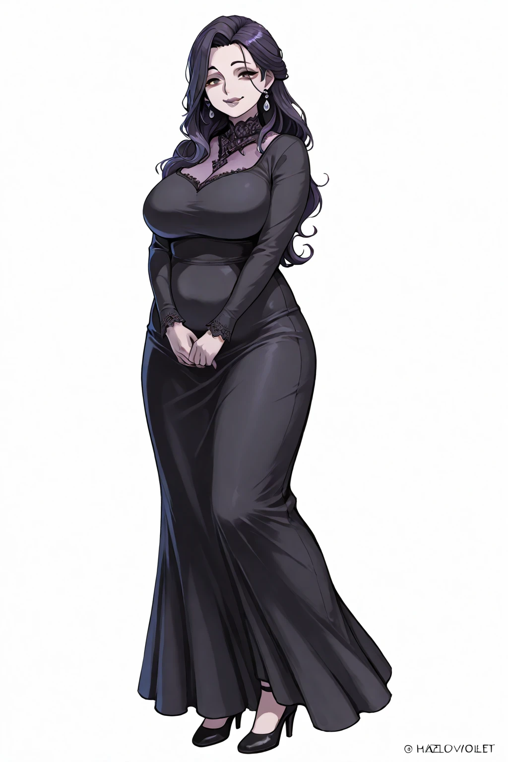 Mulher pregnant com vestido roxo gigante, high qualiy, awardwinning, high resolution, 8K , standing alone, 1woman, from the front, mellow, milf, purple cropped hair, blue colored eyes, long cloak decotado , tall woman, 29-years-old, milf, cuvilinear body, breasts small, huge ass , big-ass, pregnant, cabelo roxo, long cloak, hinterland, dress covers the legs, seducing gaze